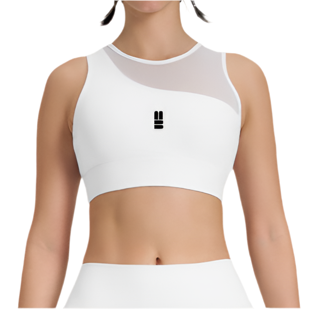 Mind Above Body™ High-Neck Mesh Panel Sports Bra – White (Pre Order)