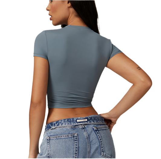 Mind Above Body™ Signature Fitted Crop Tee – Steel Blue (Pre-Order Now)