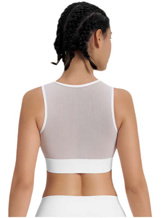 Mind Above Body™ High-Neck Mesh Panel Sports Bra – White (Pre Order)