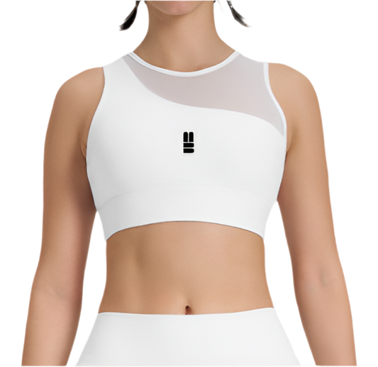 Mind Above Body™ High-Neck Mesh Panel Sports Bra – White (Pre Order)